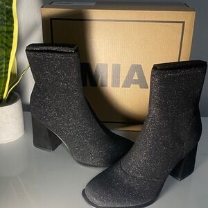 MIA Piana Black Shimmer Knit Sock Boots Block Heel Ankle Booties .Size 6.5 M